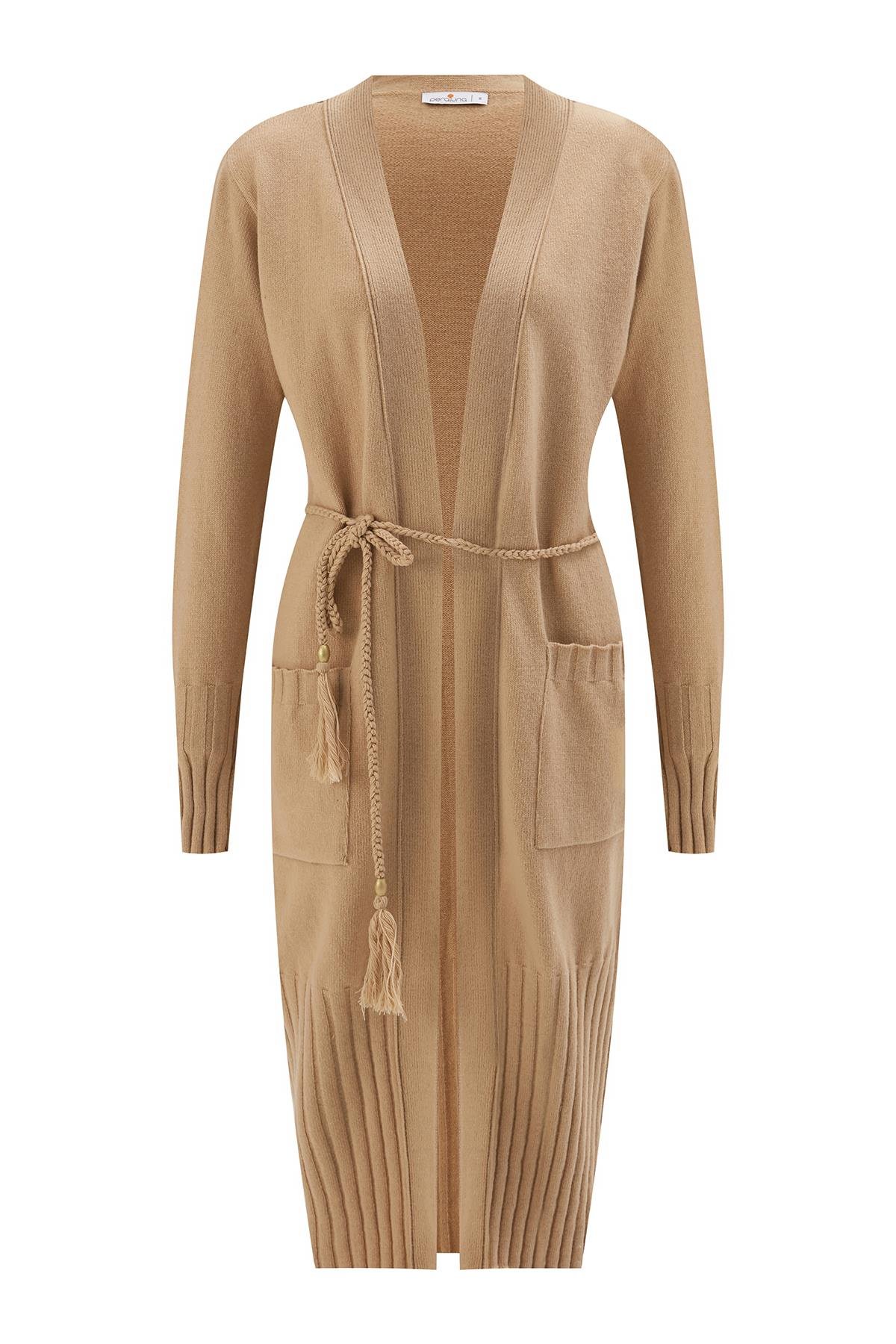 Peraluna Rahat Kesim Cepli Kemerli Yün Karışımlı Uzun Kadın Triko Hırka - Bej