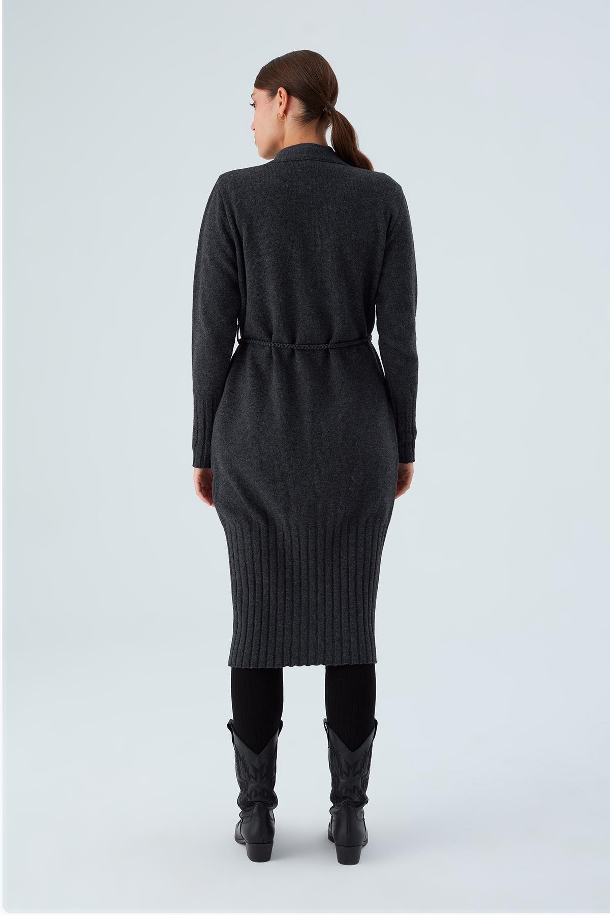 Peraluna Rahat Kesim Cepli Kemerli Yün Karışımlı Uzun Kadın Triko Hırka - Antrasit