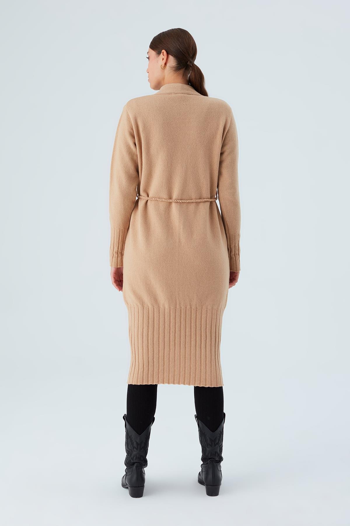 Peraluna Rahat Kesim Cepli Kemerli Yün Karışımlı Uzun Kadın Triko Hırka - Bej