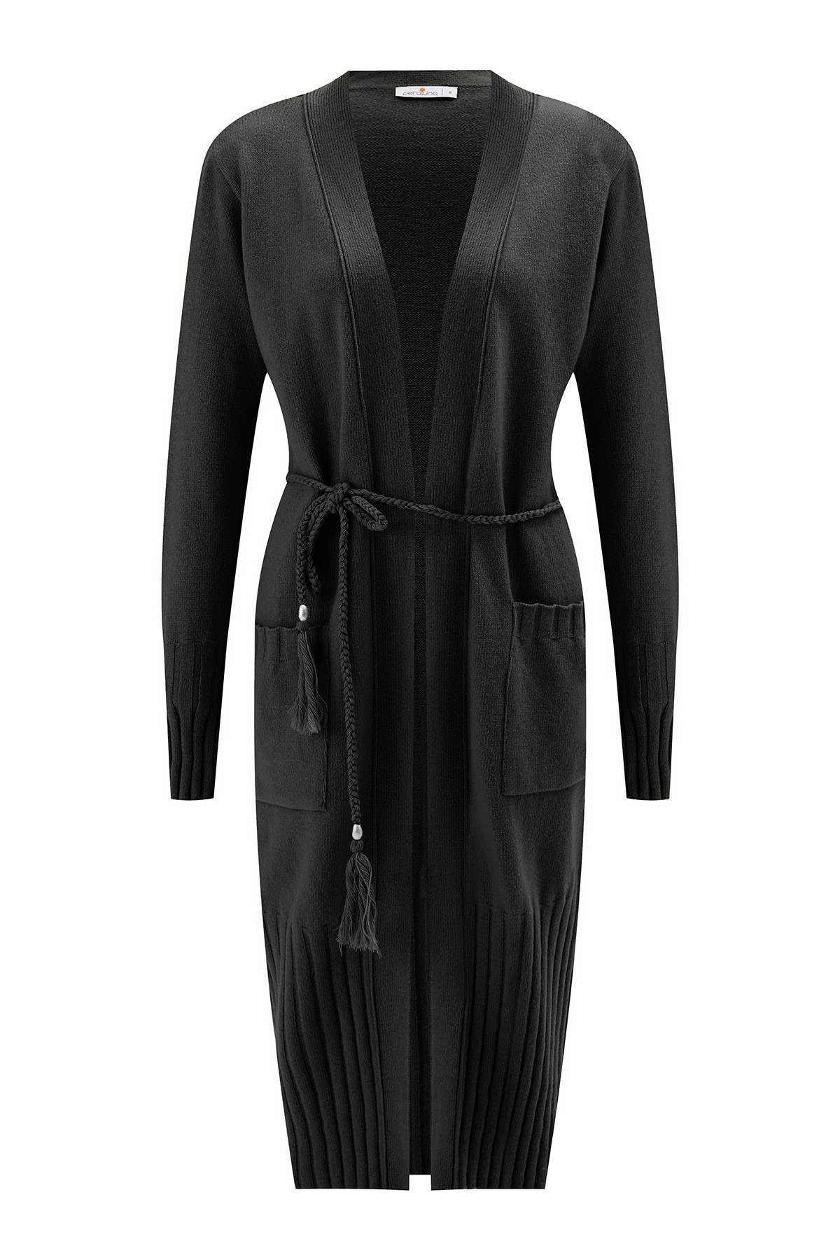 Peraluna Rahat Kesim Cepli Kemerli Yün Karışımlı Uzun Kadın Triko Hırka - Antrasit