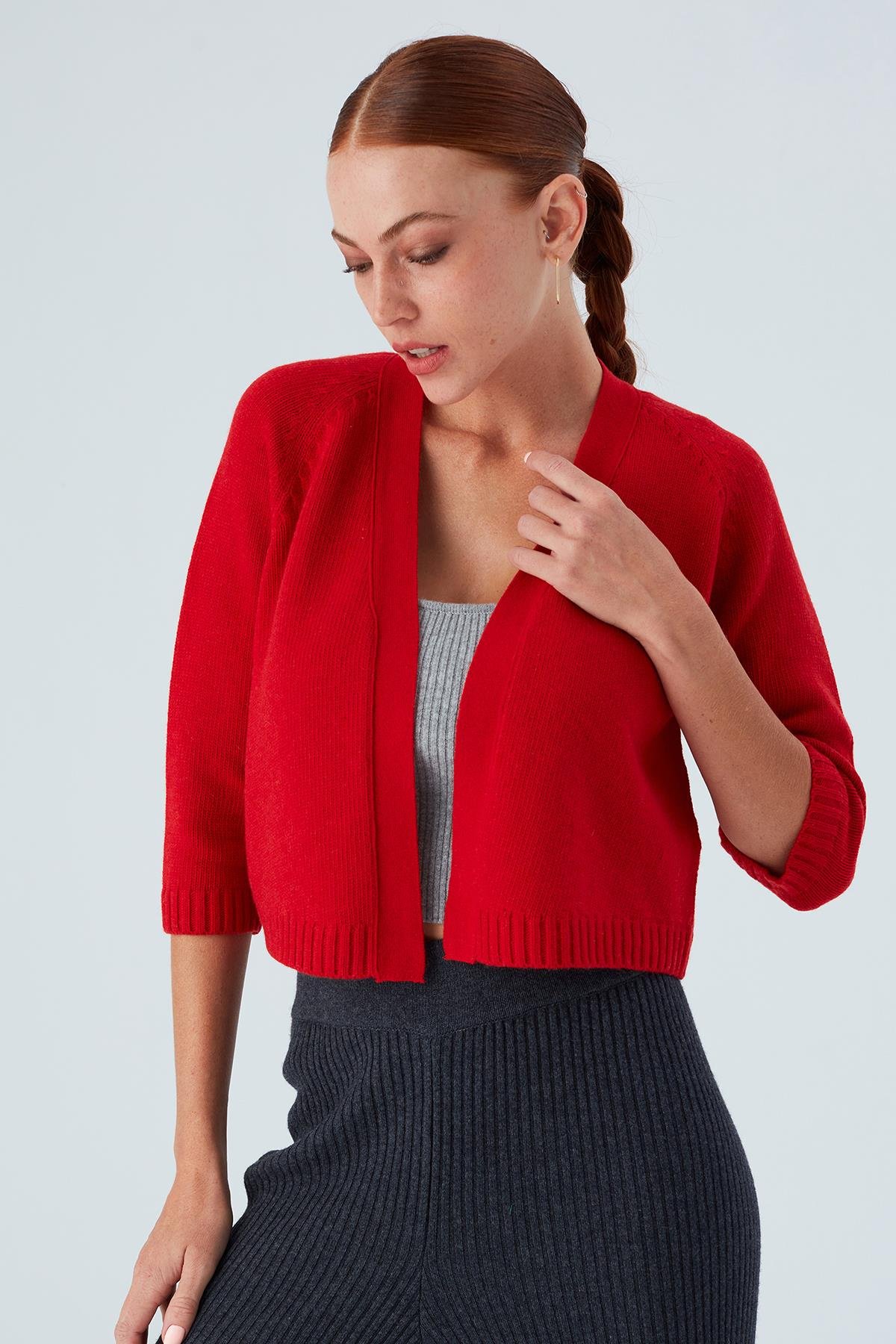 Peraluna Reglan Kollu Kaşmir Karışım Kısa Kadın Triko Bolero Kırmızı