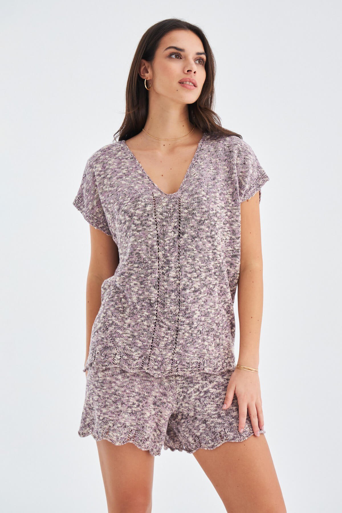 Peraluna RENGE BLOUSE & SHORT Yazlık Viskonlu Kadın Triko Şort Takım Lila