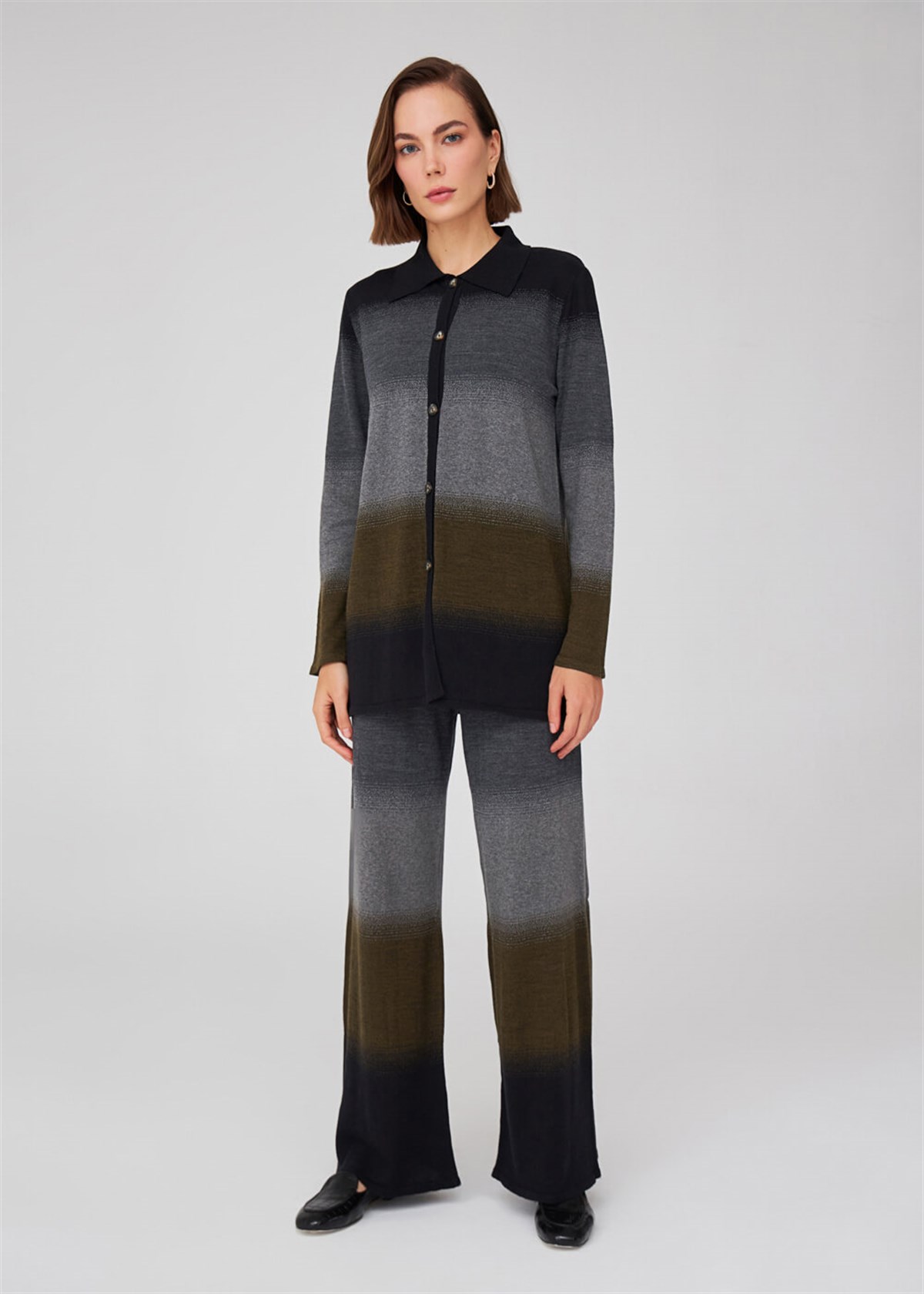 Peraluna Color Transition Polo Collar Women's Knitwear Cardigan - Black/Grey Melange