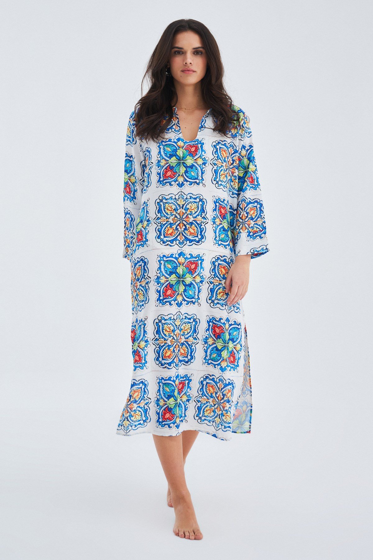 Peraluna RIA CAFTAN Tile Pattern High Slit Satin Women's Caftan - Multi Color