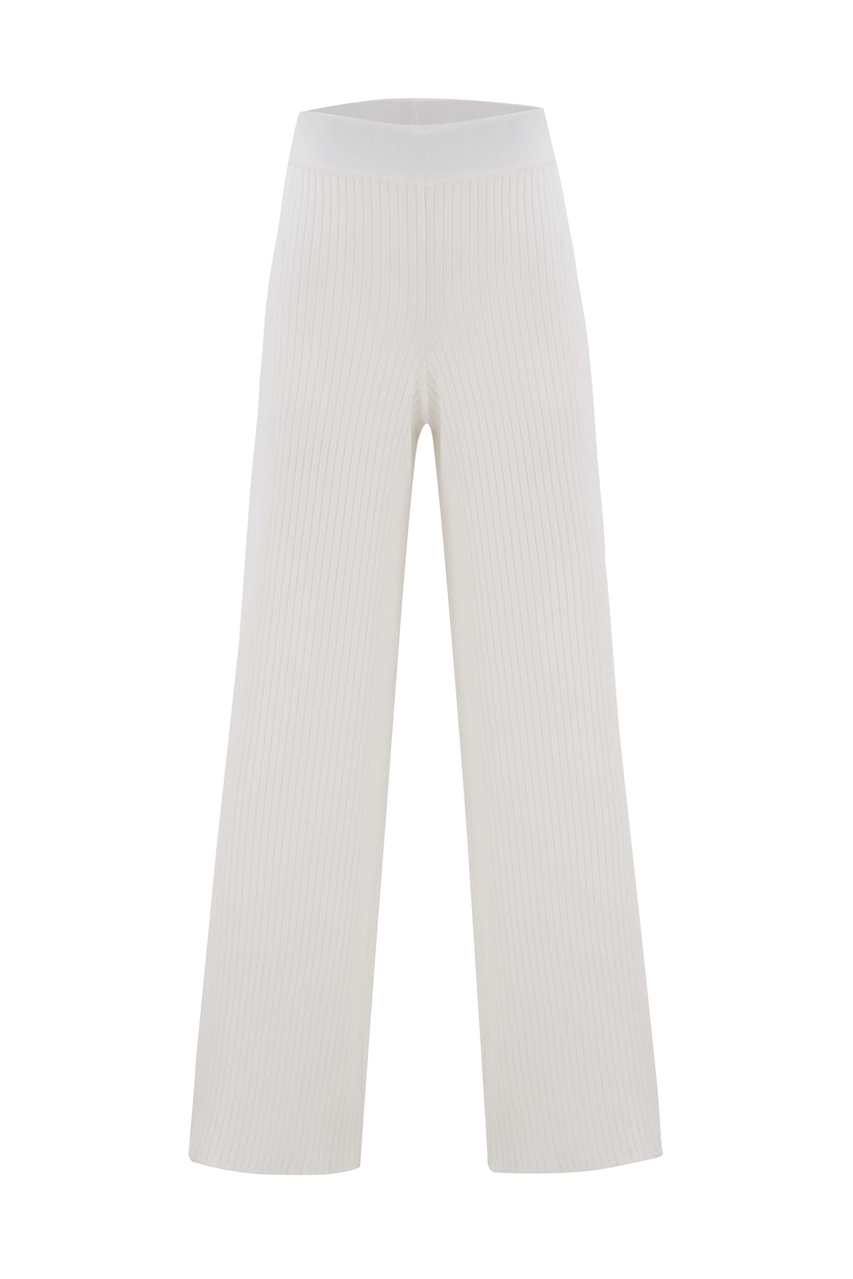 Peraluna Ribana Örgü Rahat Kesim Boru Paça Triko Pantolon Ekru