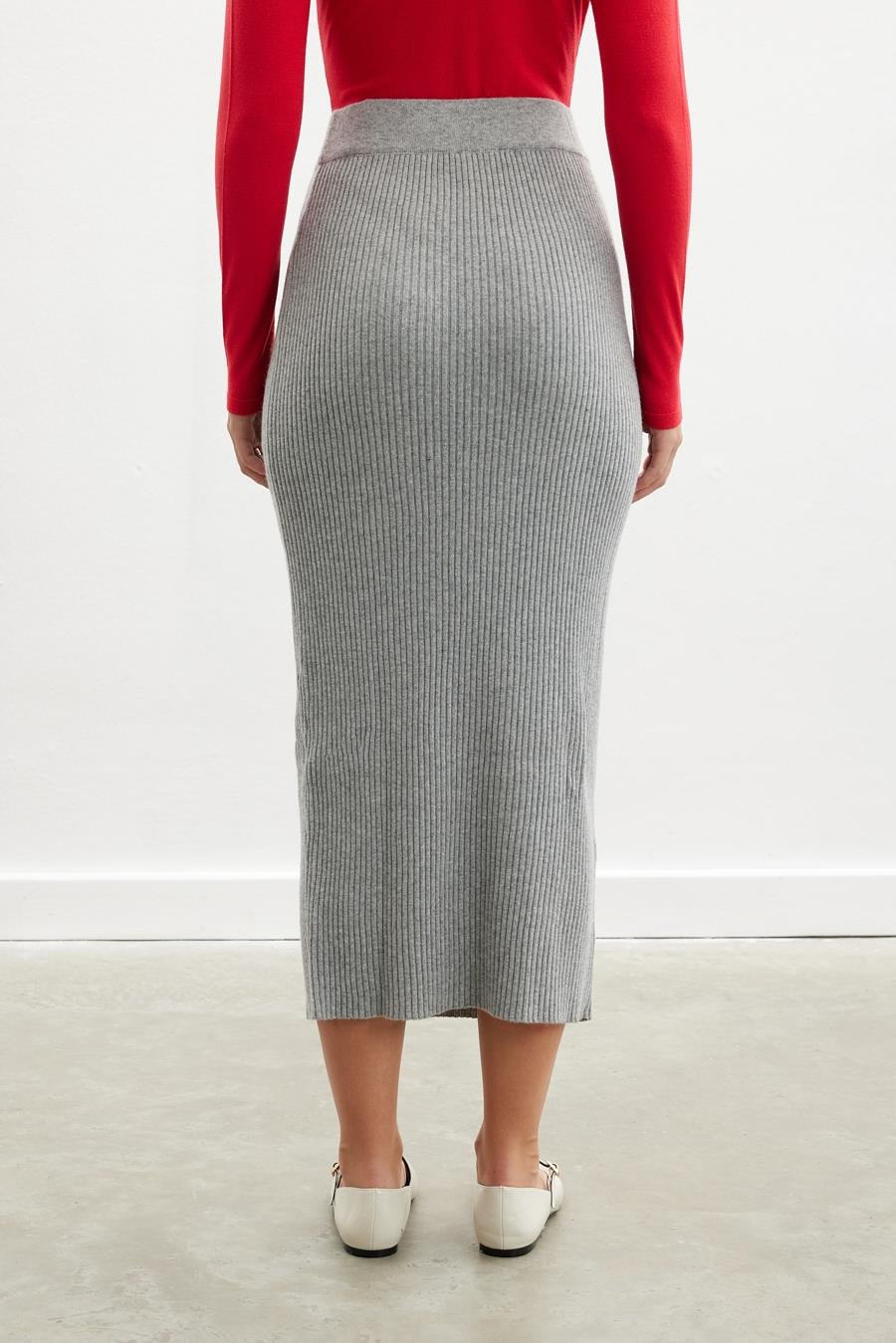 Peraluna Cashmere Blend High Waist Ribbed Knitwear Maxi Pen Skirt - Grey Melange