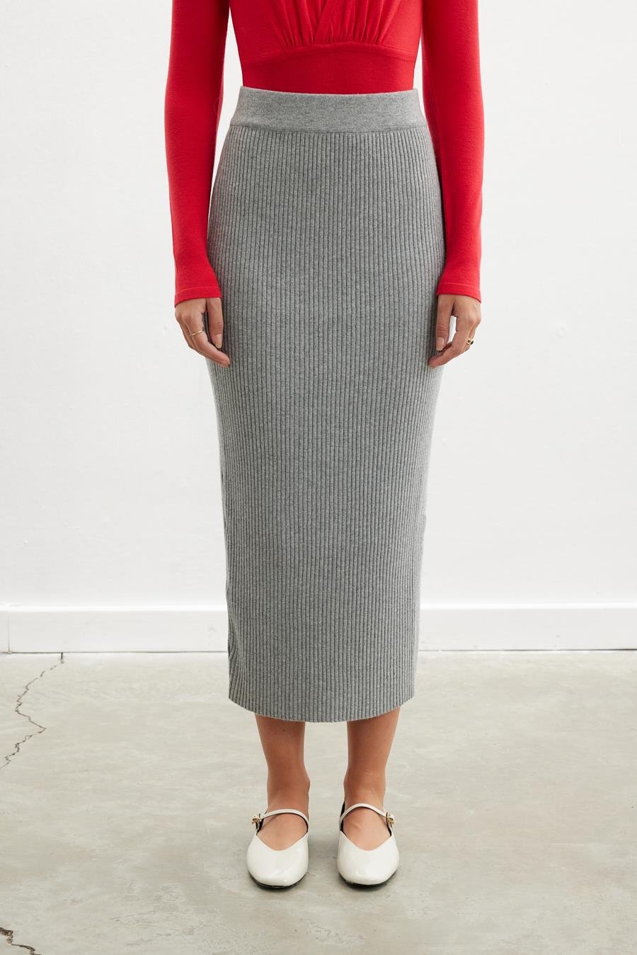 Peraluna Cashmere Blend High Waist Ribbed Knitwear Maxi Pen Skirt - Grey Melange