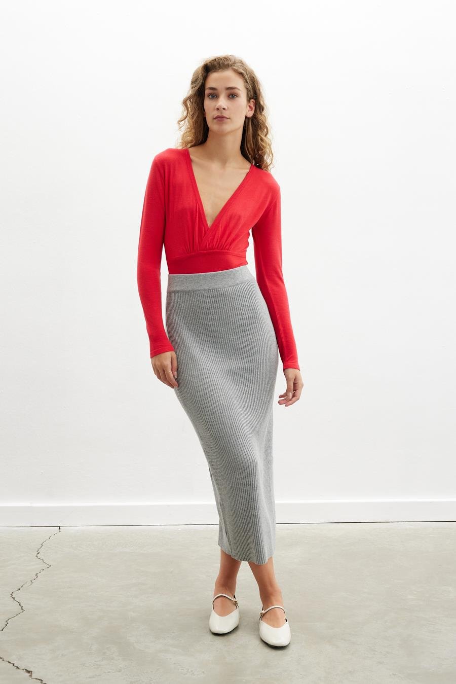 Peraluna Cashmere Blend High Waist Ribbed Knitwear Maxi Pen Skirt - Grey Melange