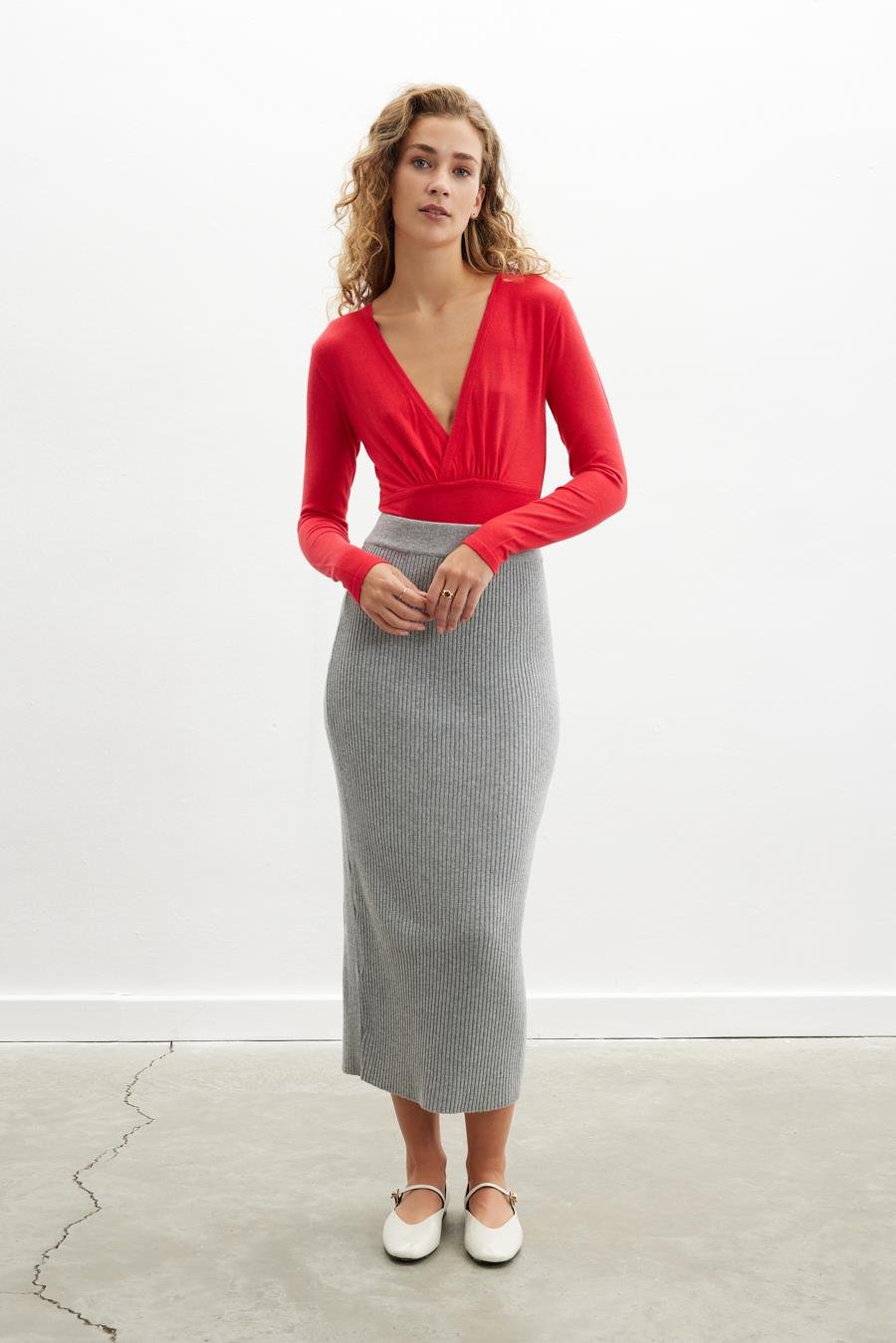 Peraluna Cashmere Blend High Waist Ribbed Knitwear Maxi Pen Skirt - Grey Melange