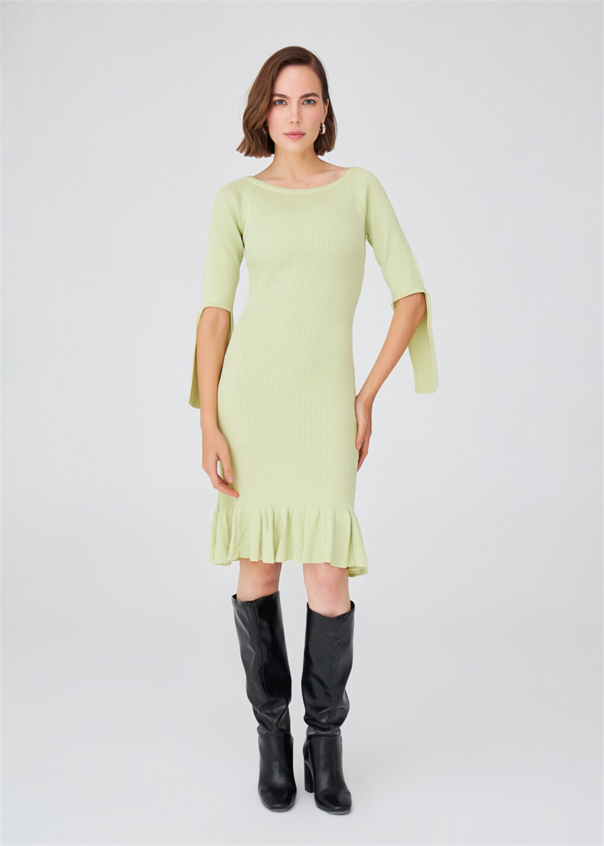 Peraluna Boat-Neck Ribbed Knee Length Women Knitwear Evening Dress - Green