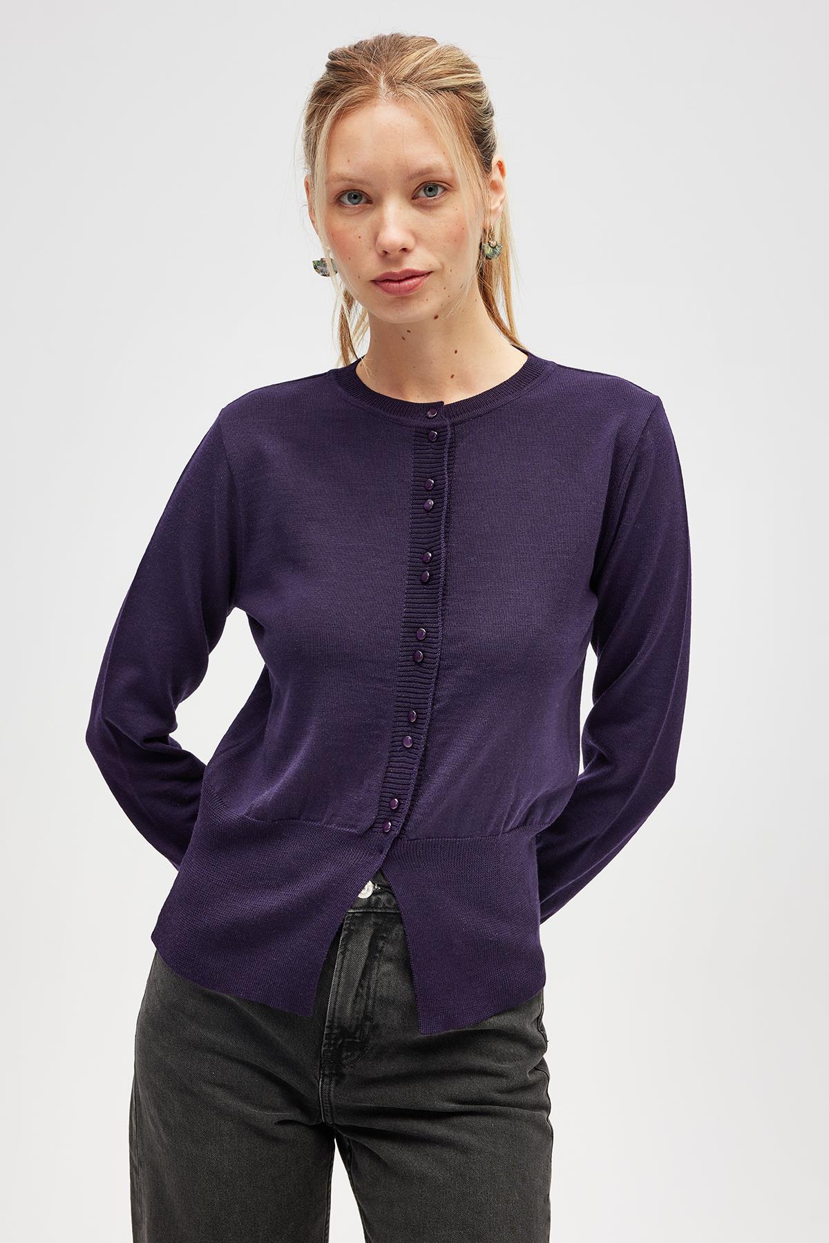 Peraluna Ripley Çelik Örgü, Düğmeli Kadın Triko Hırka - Koyu Mor