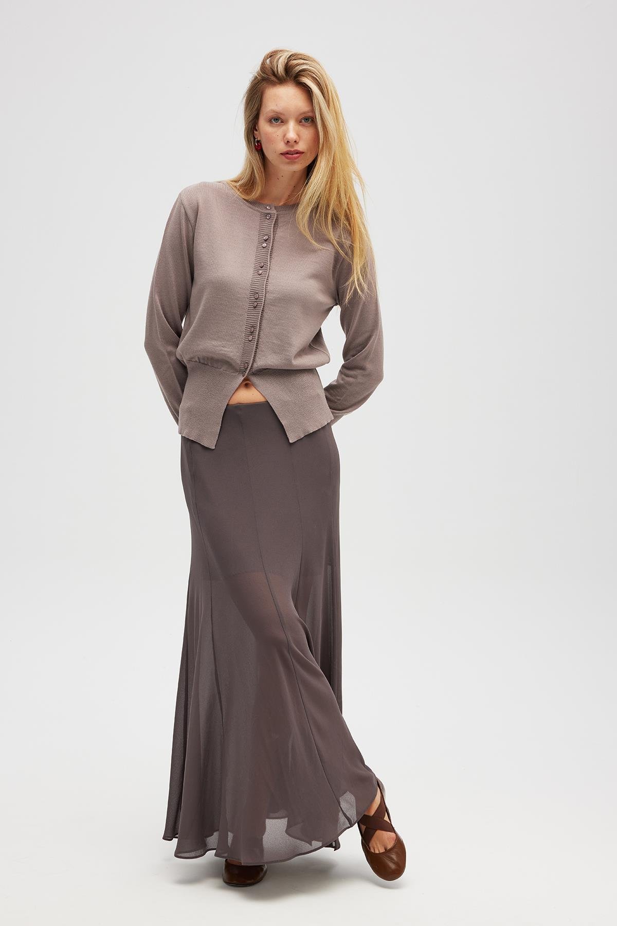 Peraluna Ripley Çelik Örgü, Düğmeli Kadın Triko Hırka - Kum Gri