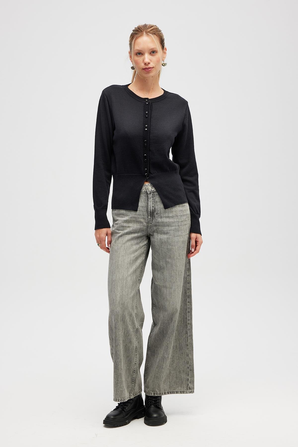 Peraluna Ripley Çelik Örgü, Düğmeli Kadın Triko Hırka - Siyah