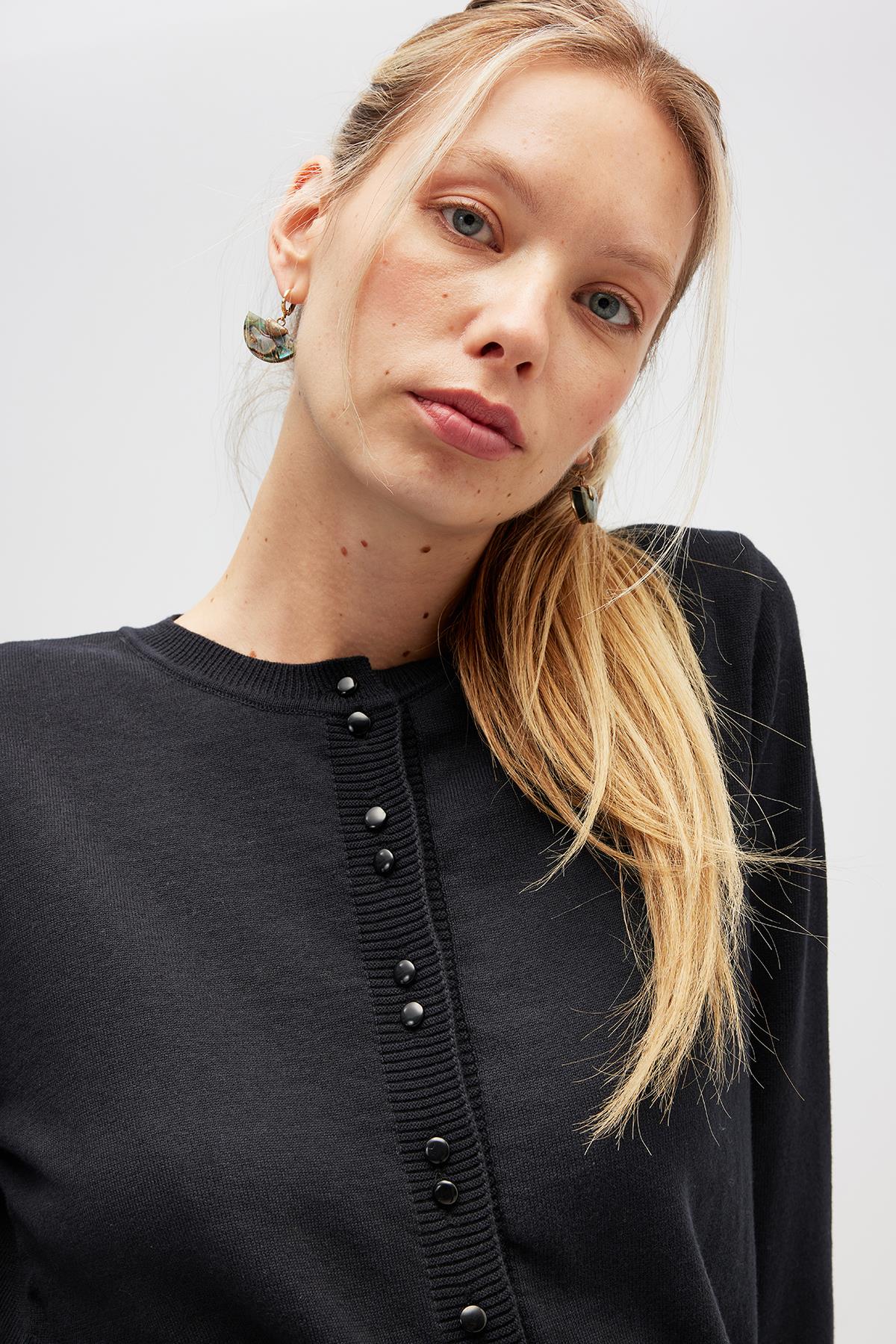 Peraluna Ripley Çelik Örgü, Düğmeli Kadın Triko Hırka - Siyah