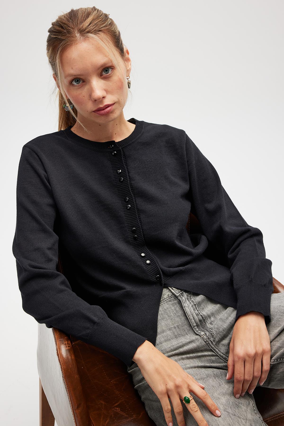 Peraluna Ripley Çelik Örgü, Düğmeli Kadın Triko Hırka - Siyah