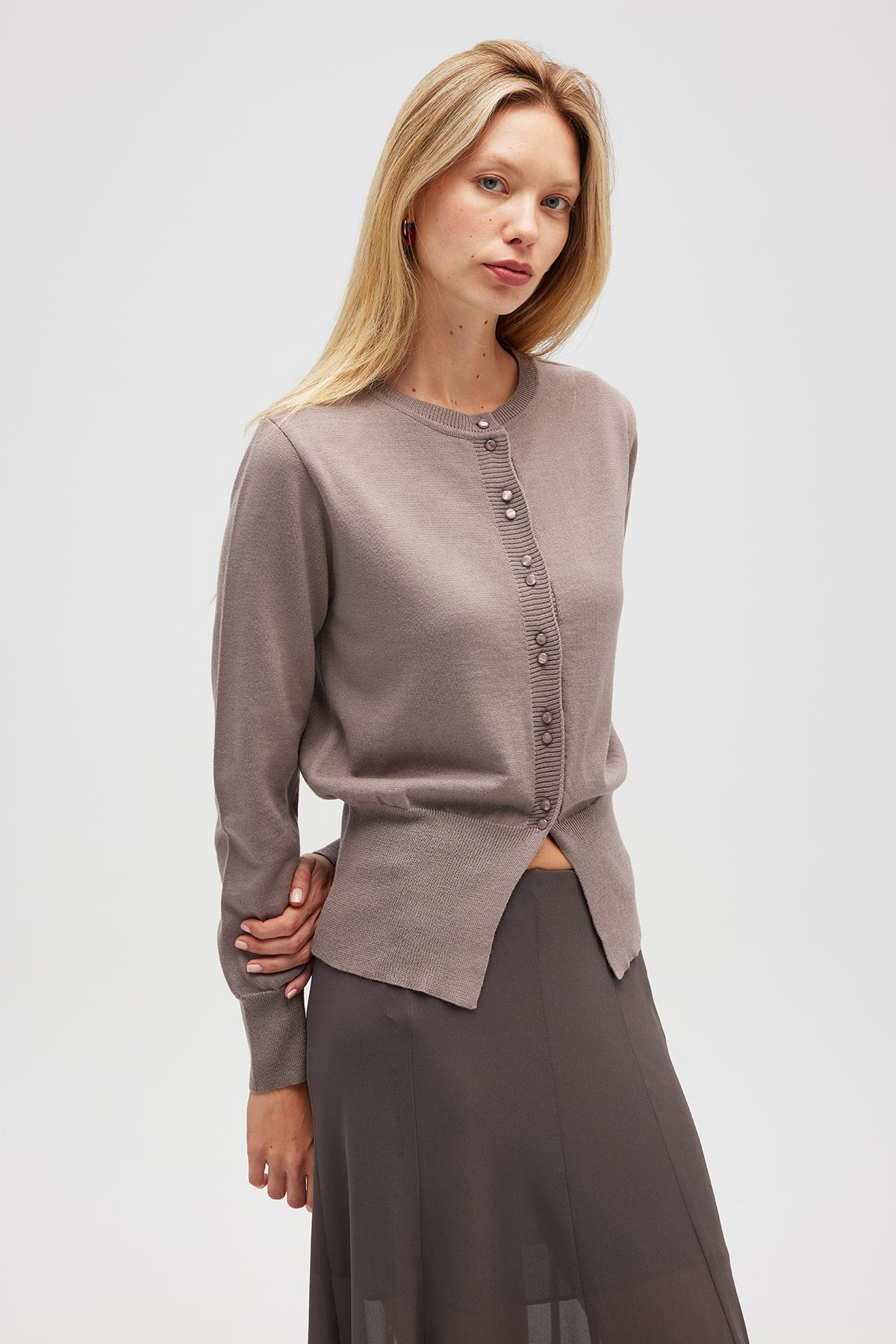 Peraluna Ripley Çelik Örgü, Düğmeli Kadın Triko Hırka - Kum Gri