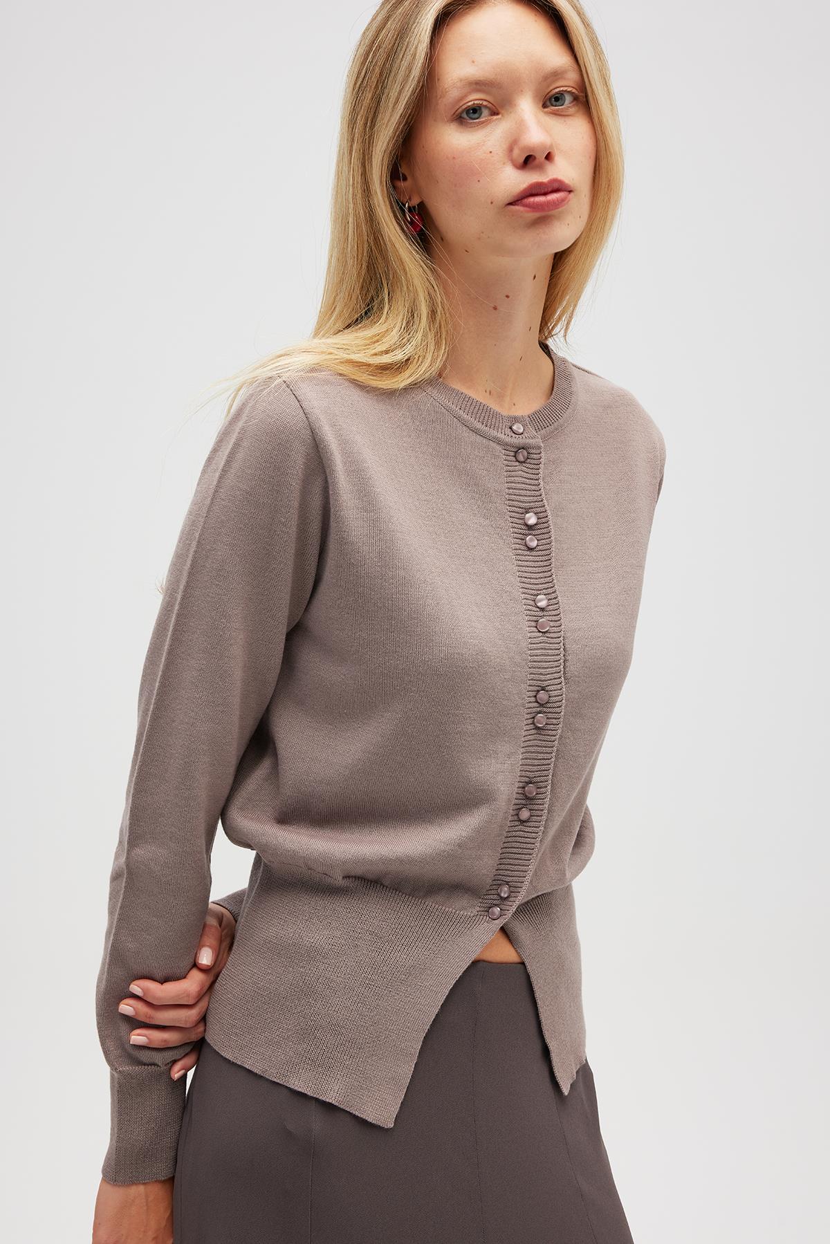 Peraluna Ripley Çelik Örgü, Düğmeli Kadın Triko Hırka - Kum Gri