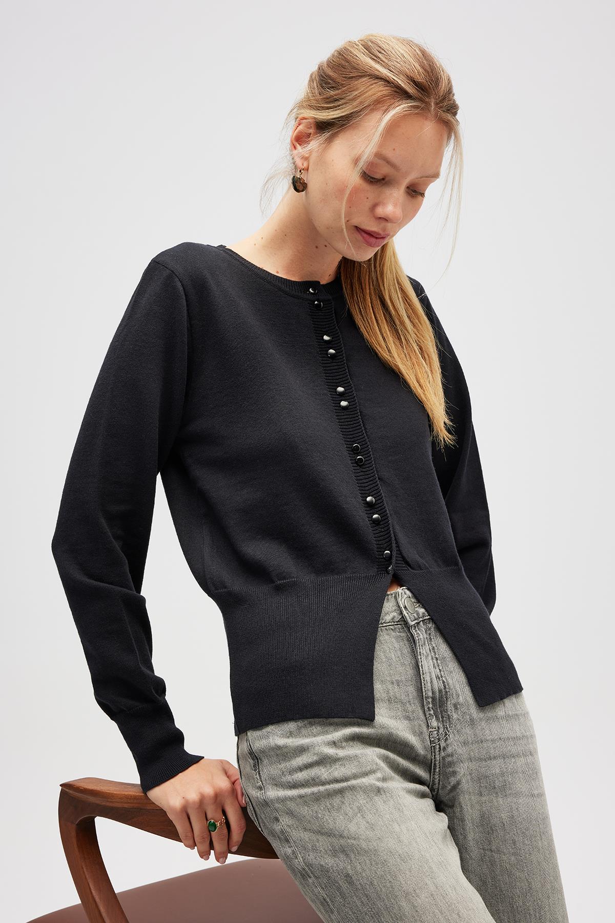 Peraluna Ripley Çelik Örgü, Düğmeli Kadın Triko Hırka - Siyah