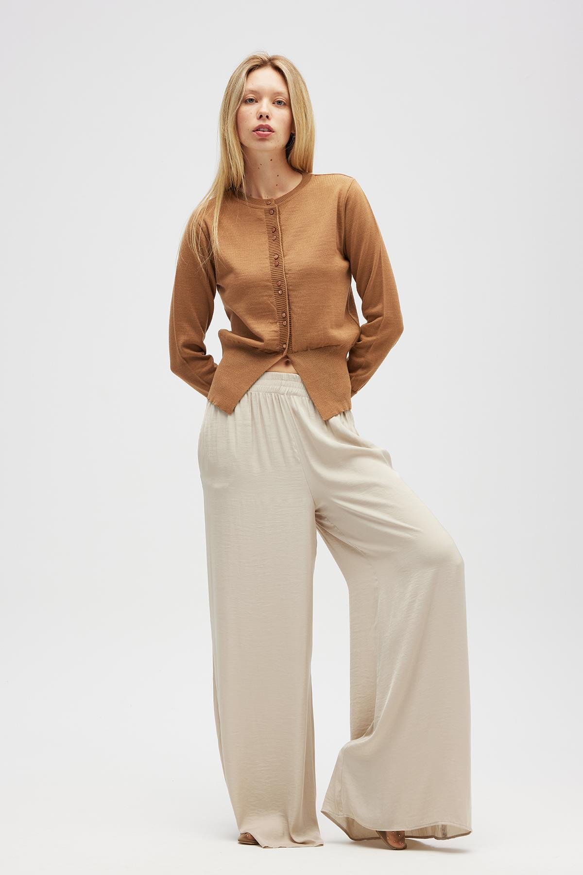 Peraluna Ripley Çelik Örgü, Düğmeli Kadın Triko Hırka - Camel