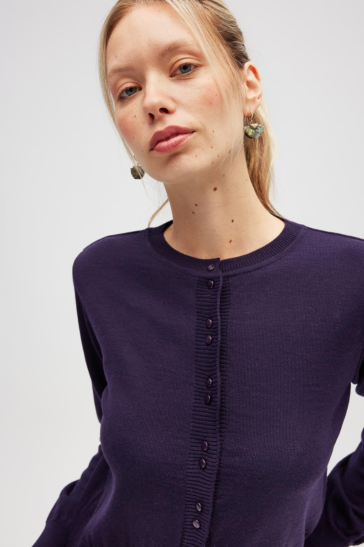 Peraluna Ripley Çelik Örgü, Düğmeli Kadın Triko Hırka - Koyu Mor