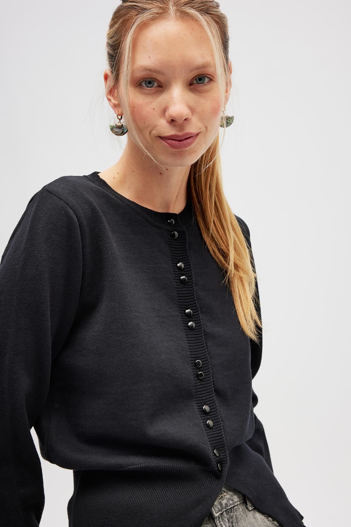 Peraluna Ripley Çelik Örgü, Düğmeli Kadın Triko Hırka - Siyah