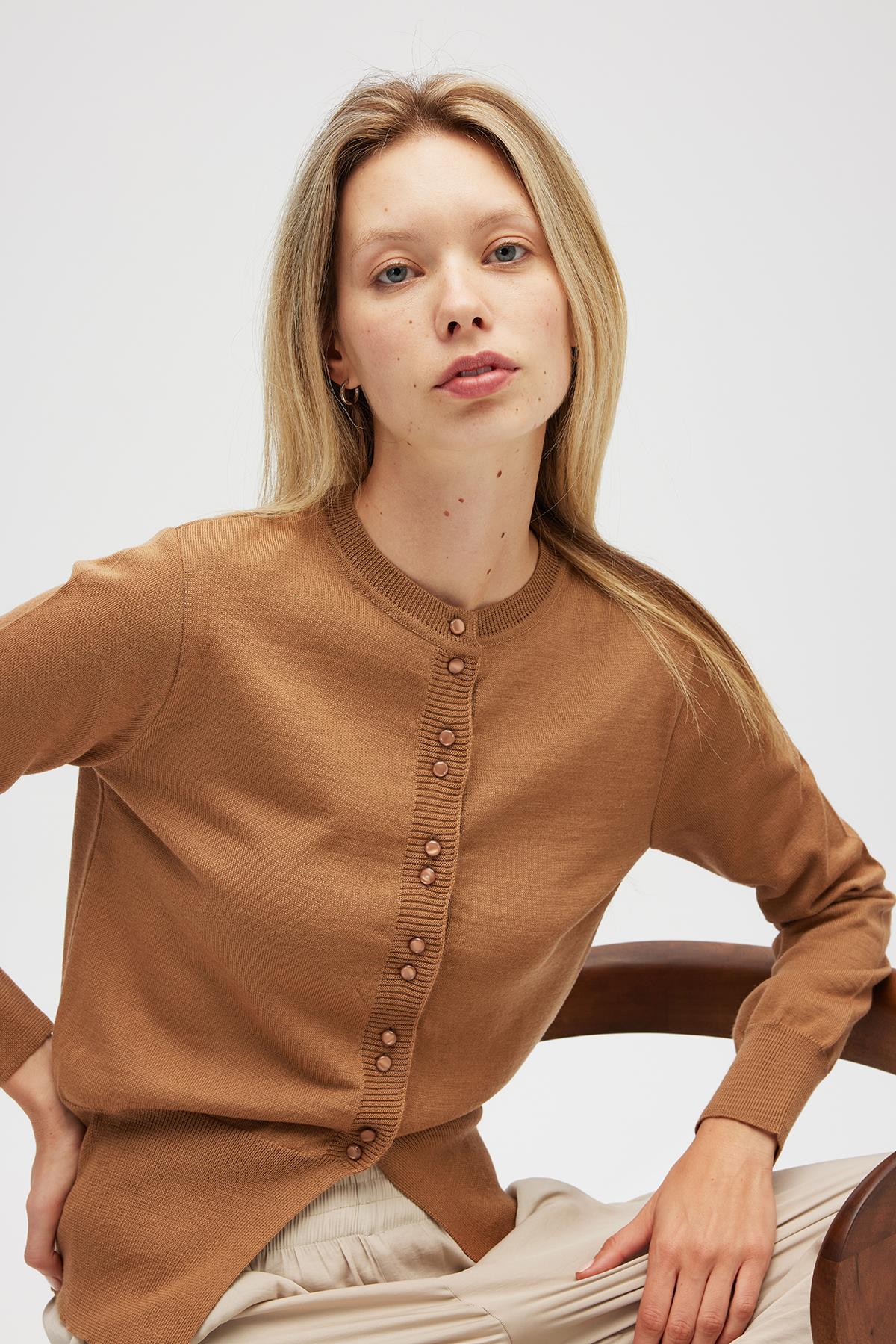 Peraluna Ripley Çelik Örgü, Düğmeli Kadın Triko Hırka - Camel