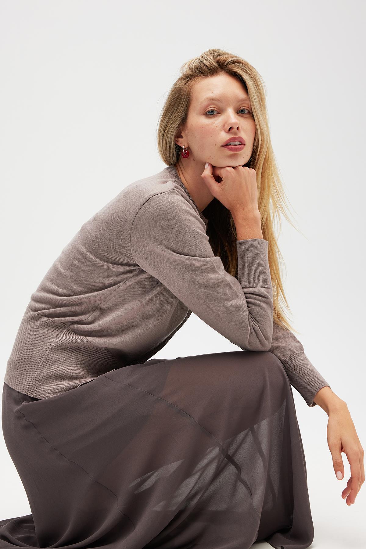 Peraluna Ripley Çelik Örgü, Düğmeli Kadın Triko Hırka - Kum Gri