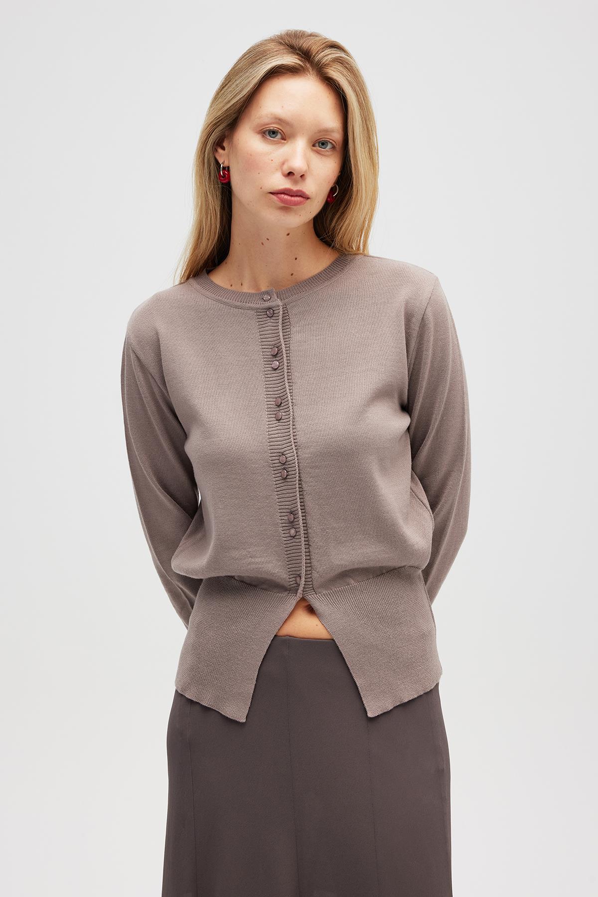 Peraluna Ripley Çelik Örgü, Düğmeli Kadın Triko Hırka - Kum Gri