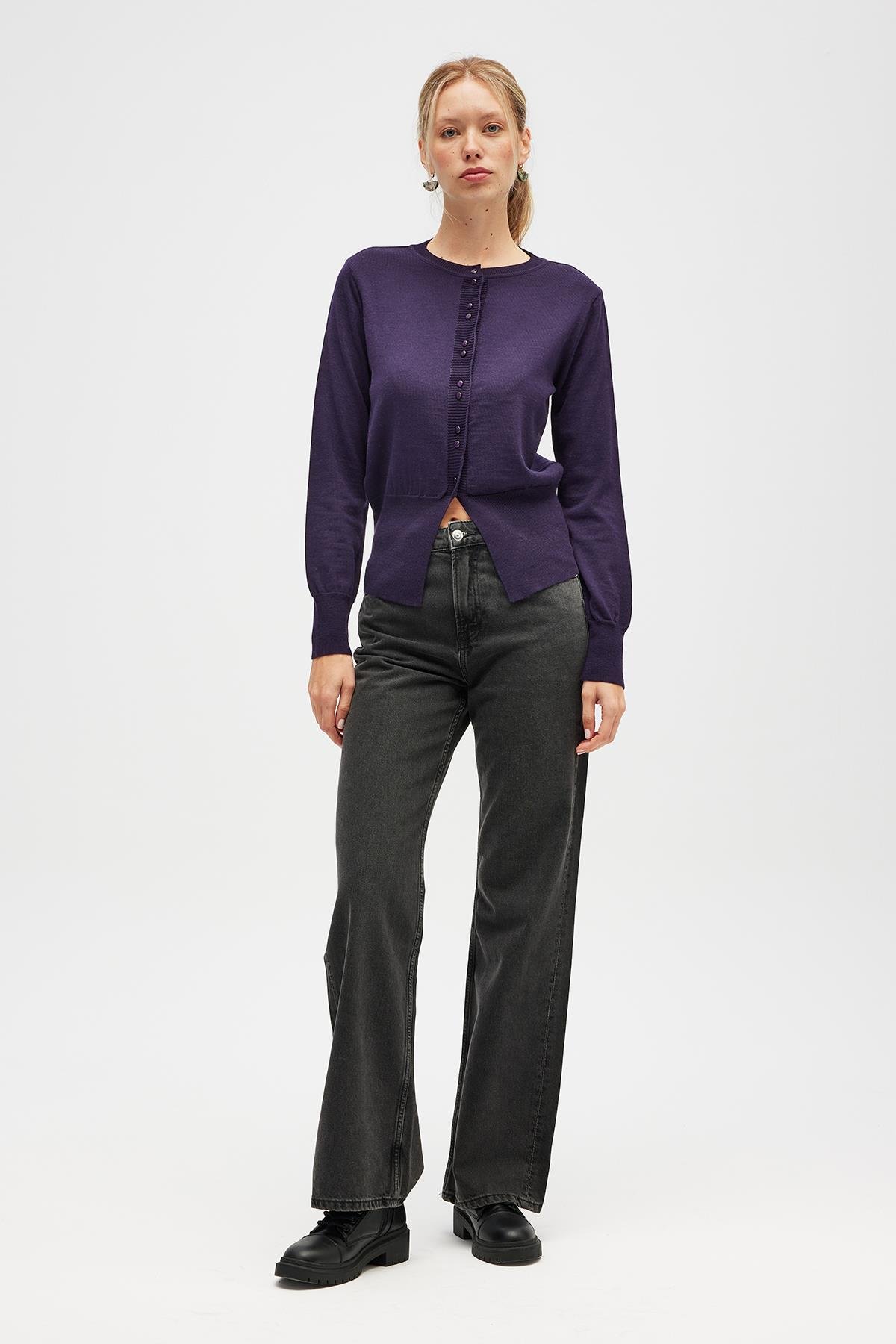 Peraluna Ripley Çelik Örgü, Düğmeli Kadın Triko Hırka - Koyu Mor