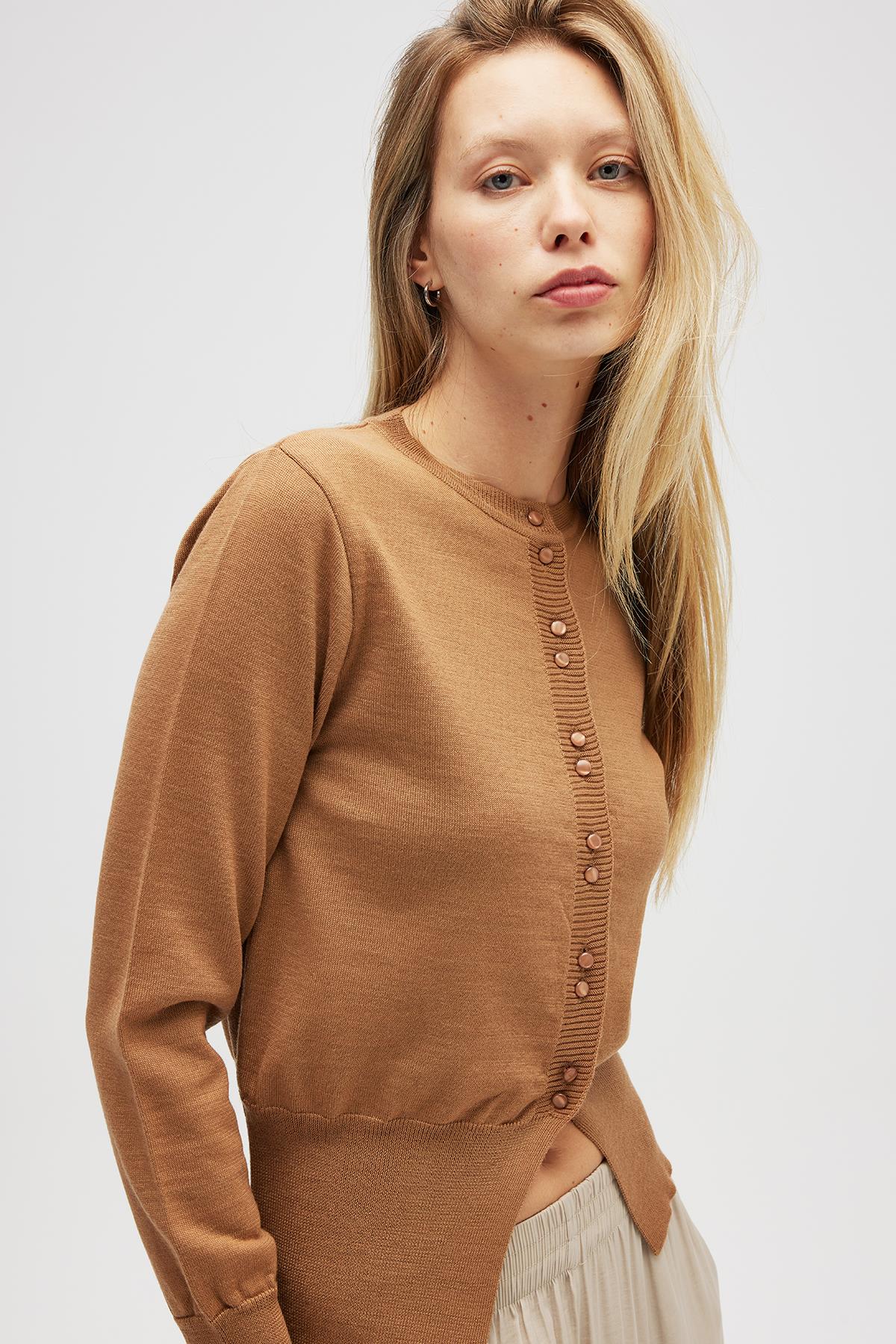 Peraluna Ripley Çelik Örgü, Düğmeli Kadın Triko Hırka - Camel