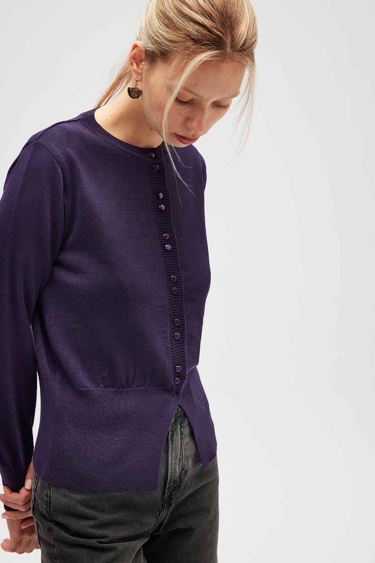 Peraluna Ripley Çelik Örgü, Düğmeli Kadın Triko Hırka - Koyu Mor