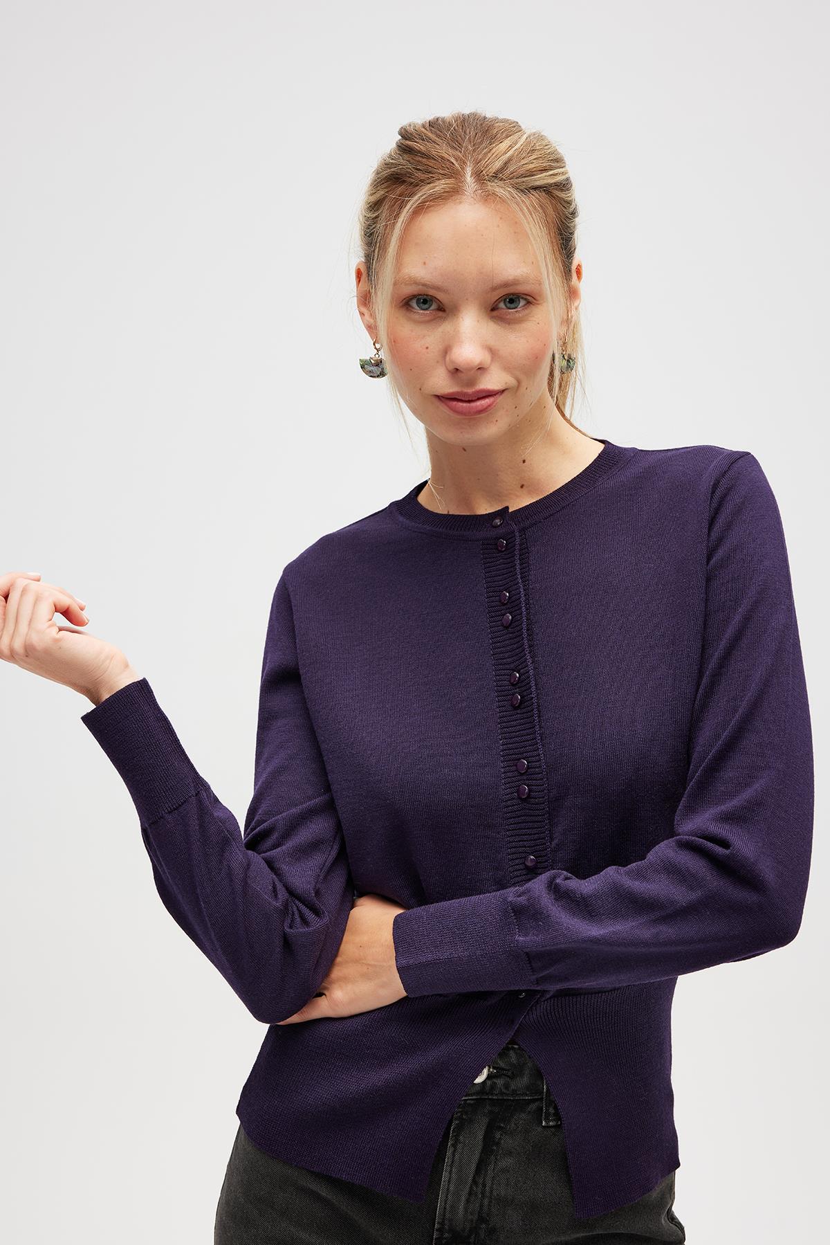 Peraluna Ripley Çelik Örgü, Düğmeli Kadın Triko Hırka - Koyu Mor