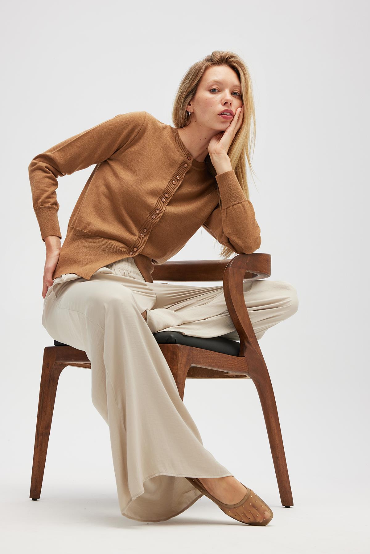 Peraluna Ripley Çelik Örgü, Düğmeli Kadın Triko Hırka - Camel