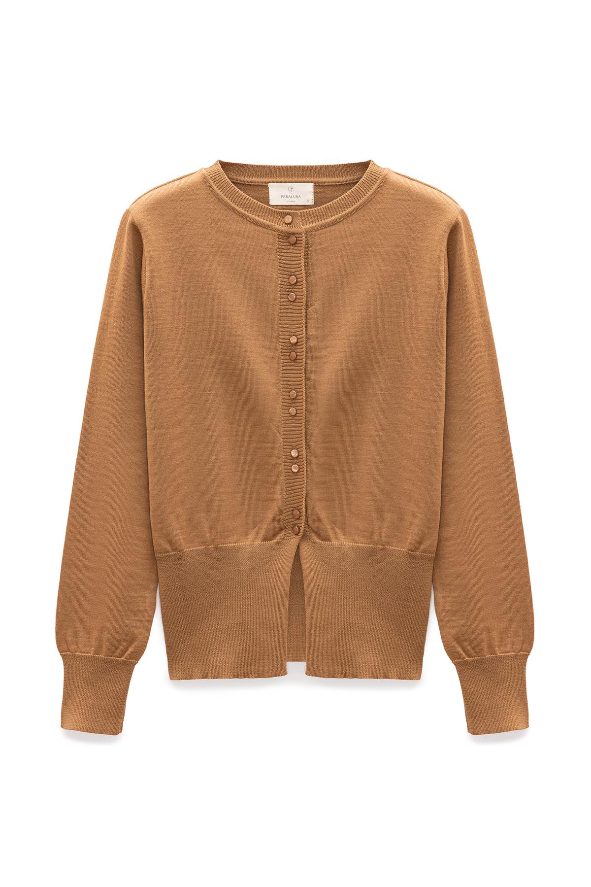 Peraluna Ripley Çelik Örgü, Düğmeli Kadın Triko Hırka - Camel