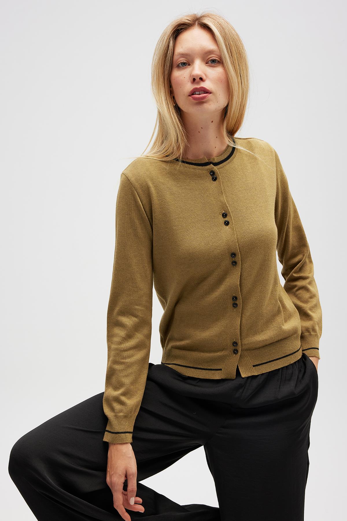 Peraluna Risa Düz Örgü, Kadın Triko Hırka - Zeytin Yeşili