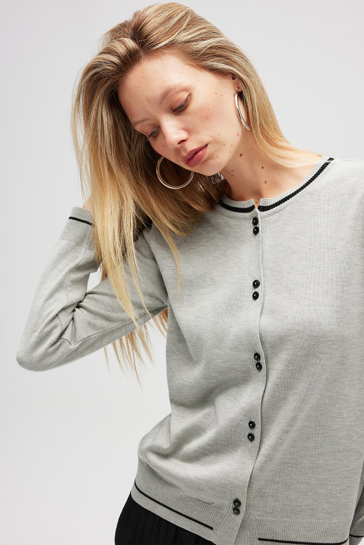 Peraluna Risa Düz Örgü, Kadın Triko Hırka - Gri Melanj