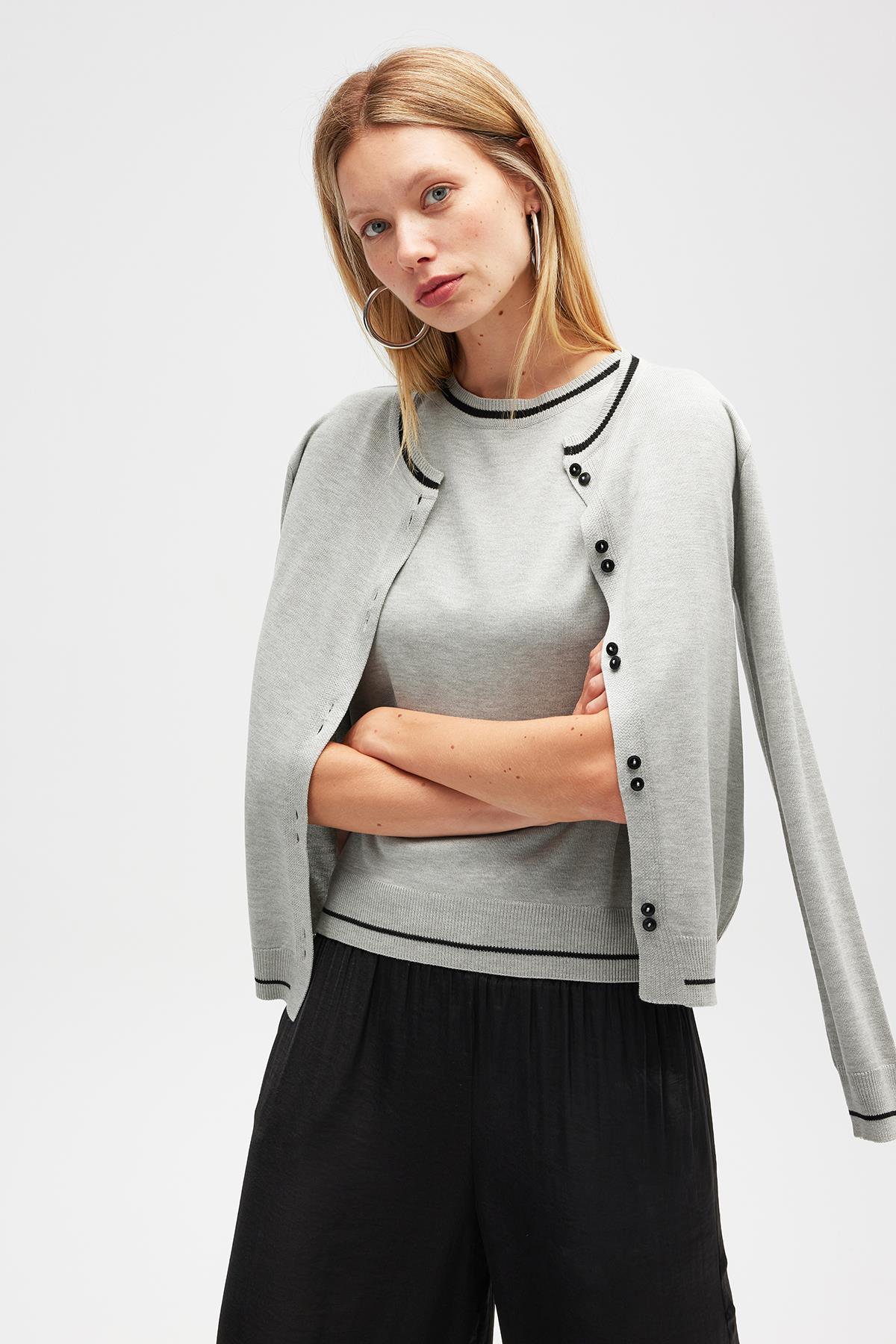 Peraluna Risa Düz Örgü, Kadın Triko Hırka - Gri Melanj