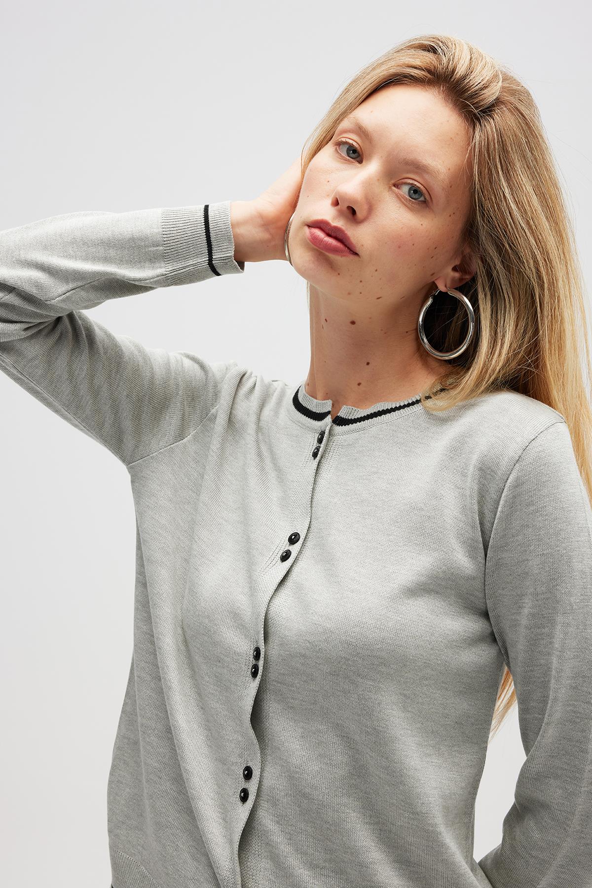 Peraluna Risa Düz Örgü, Kadın Triko Hırka - Gri Melanj