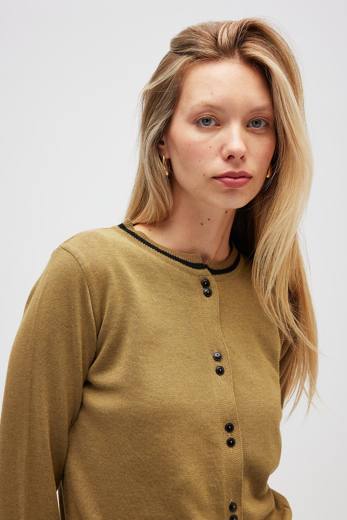 Peraluna Risa Düz Örgü, Kadın Triko Hırka - Zeytin Yeşili