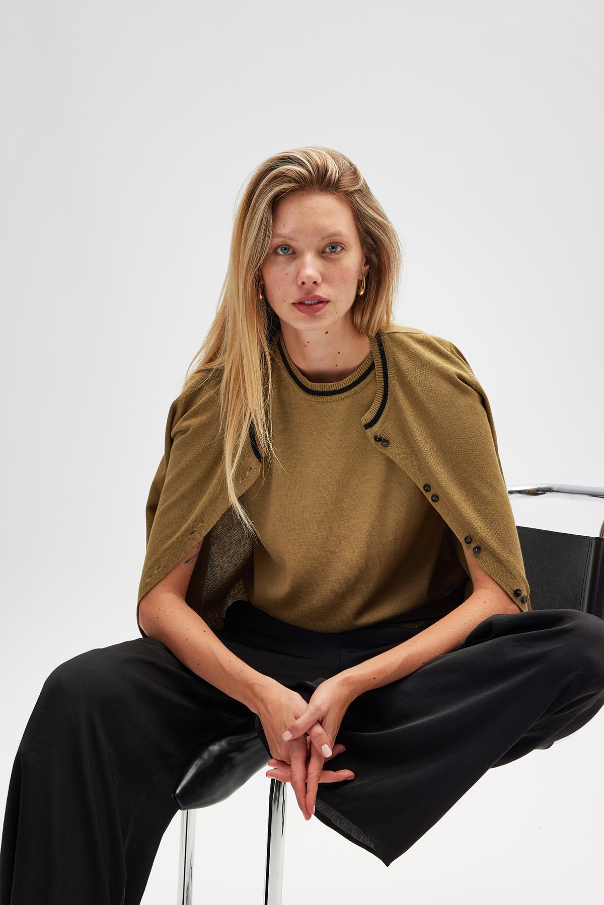 Peraluna Risa Düz Örgü, Kadın Triko Hırka - Zeytin Yeşili