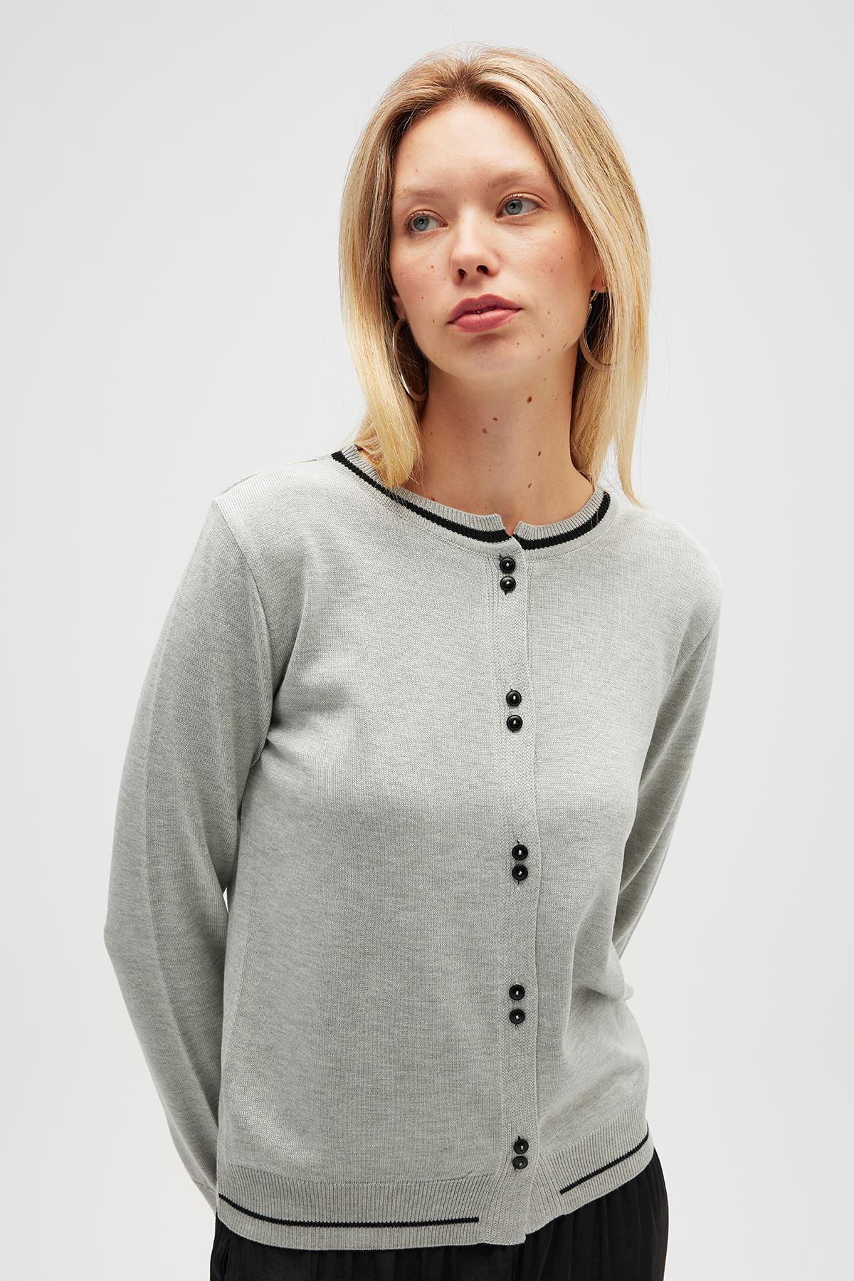 Peraluna Risa Düz Örgü, Kadın Triko Hırka - Gri Melanj