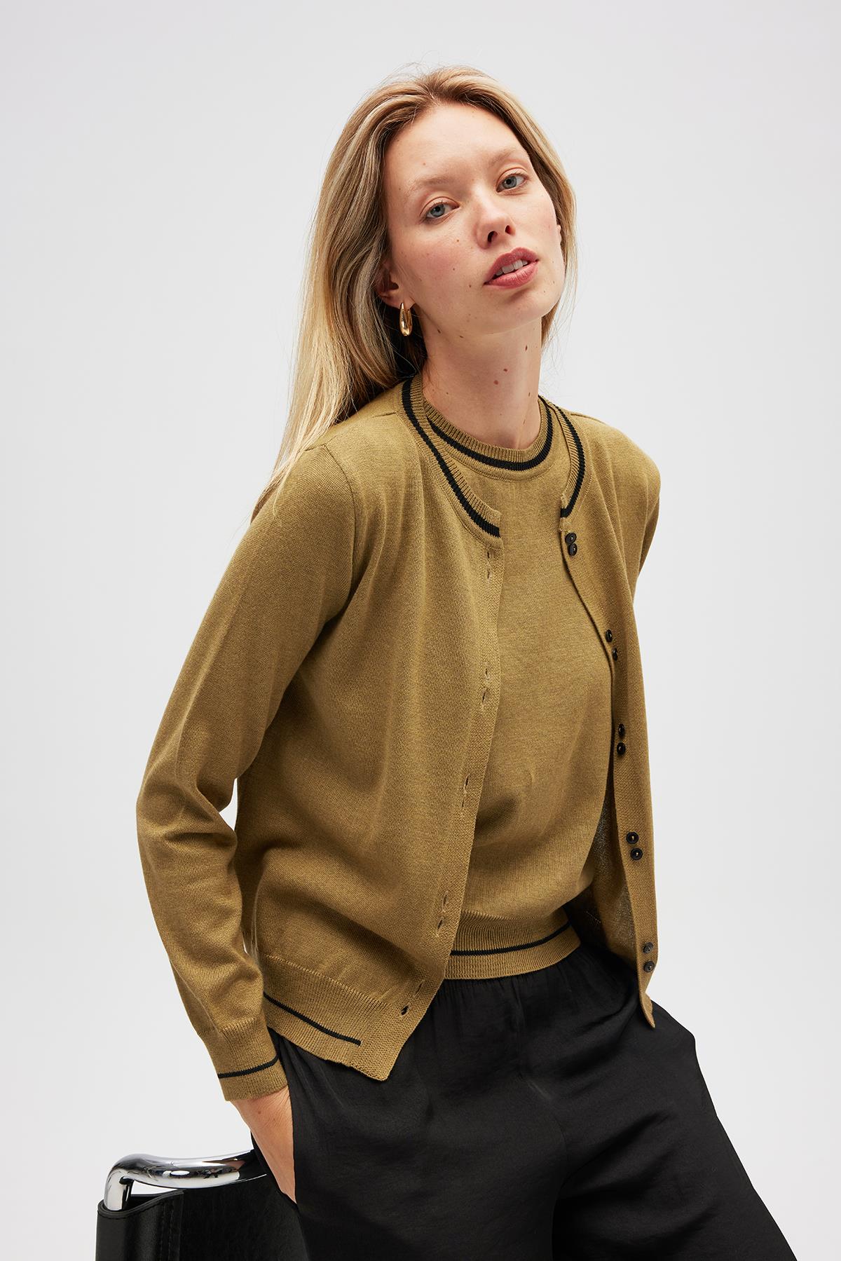 Peraluna Risa Düz Örgü, Kadın Triko Hırka - Zeytin Yeşili