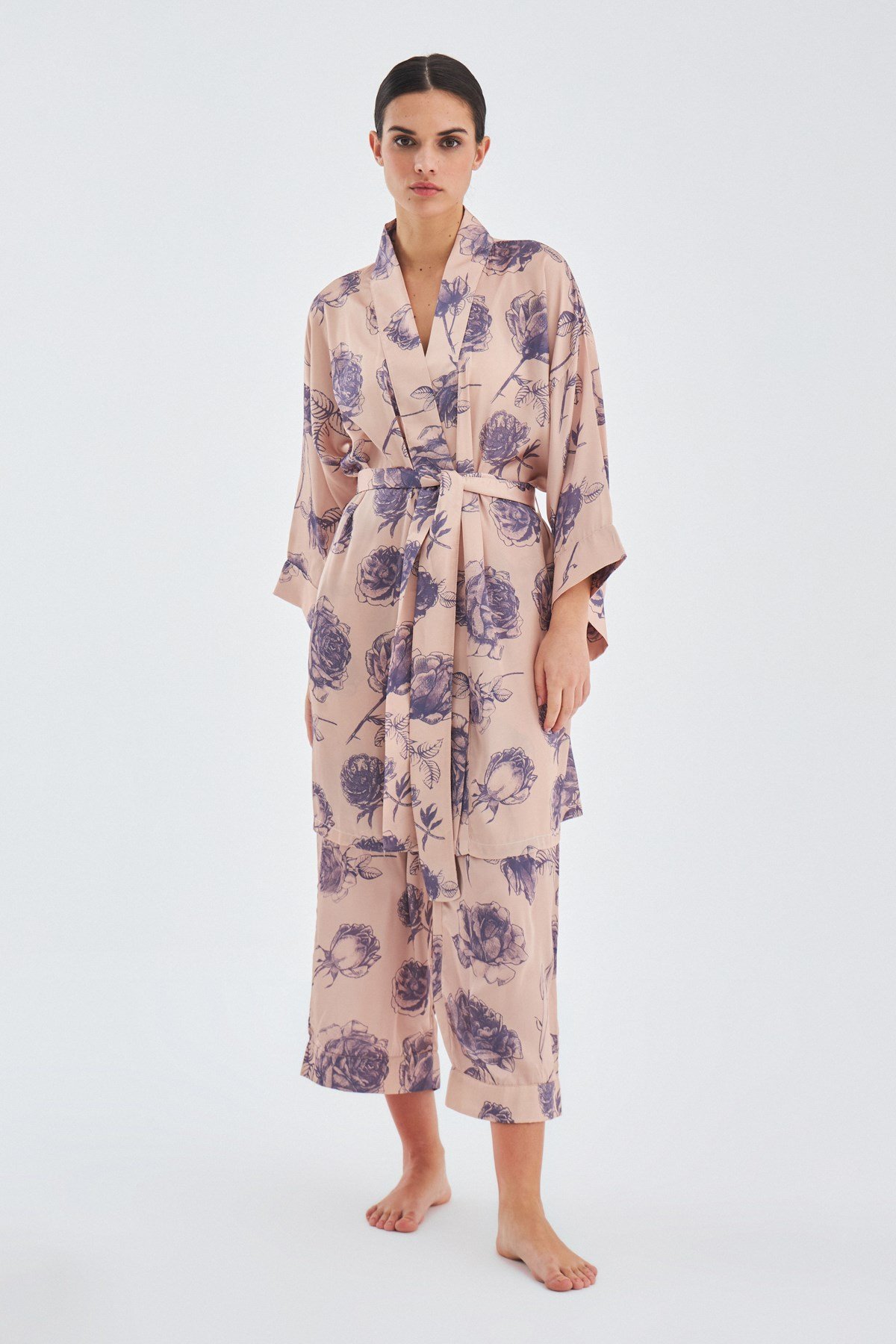 Peraluna ROSA KIMONO Rose Pattern Knee Level Satin Women's Kimono - Dark Powder/Purple