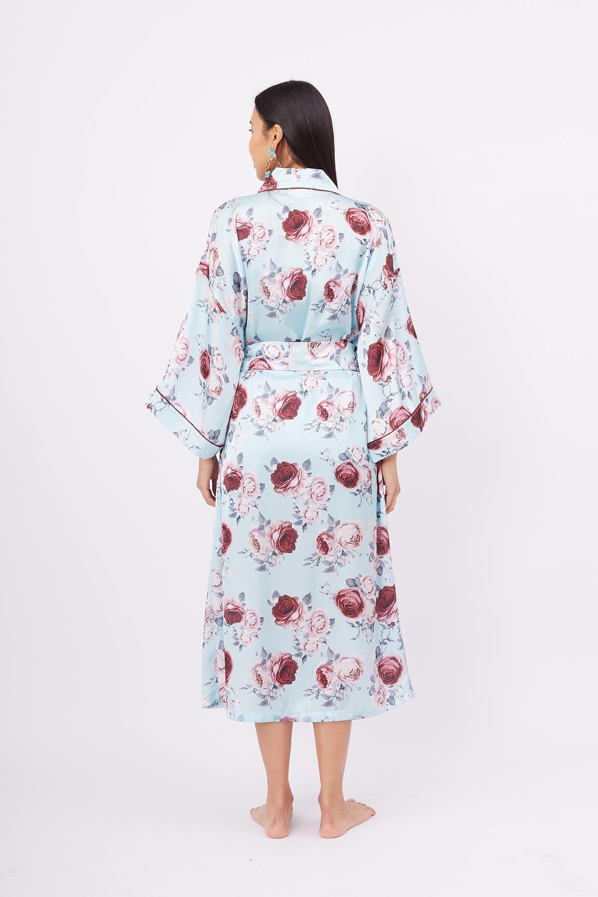 Peraluna ROSEMARRY LONG KIMONO Gül Desen Baskılı 125 CM Uzun Saten Kadın Kimono - Turkuaz