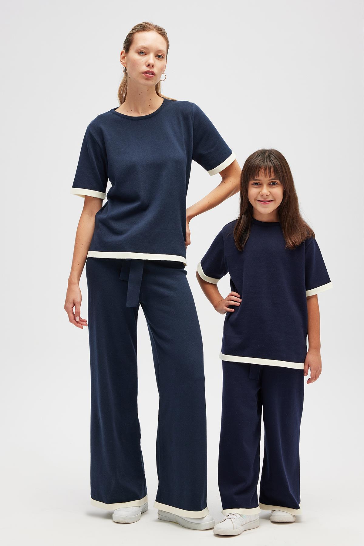 Peraluna Rumi Kadın Beli Kemerli Triko Pantolon - Navy