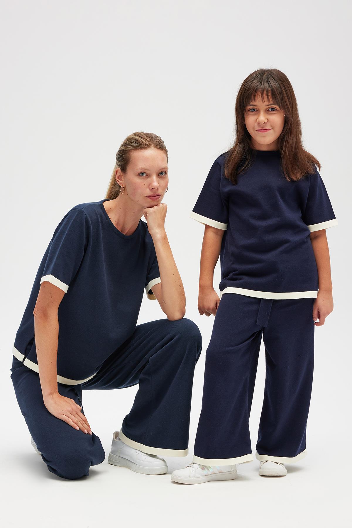 Peraluna Rumi Kadın Beli Kemerli Triko Pantolon - Navy