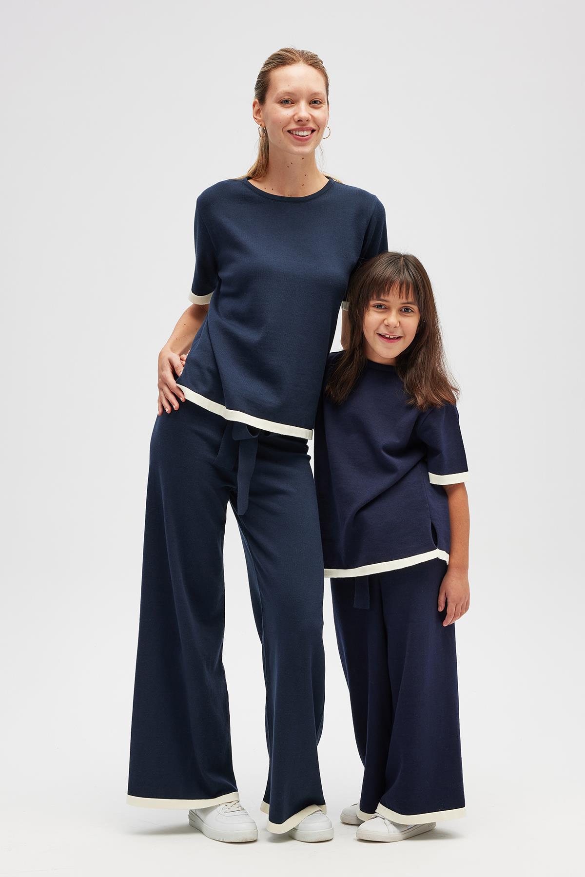 Peraluna Rumi Kadın Beli Kemerli Triko Pantolon - Navy