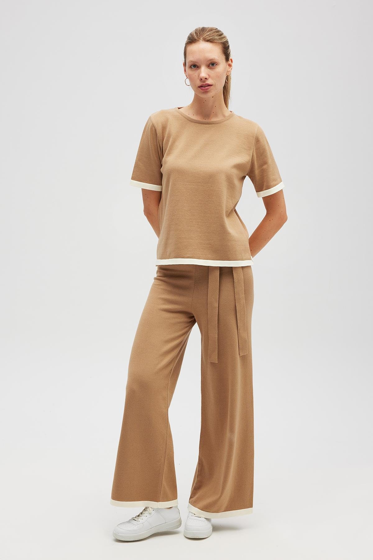 Peraluna Rumi KadınBeli Kemerli Triko Pantolon - Camel