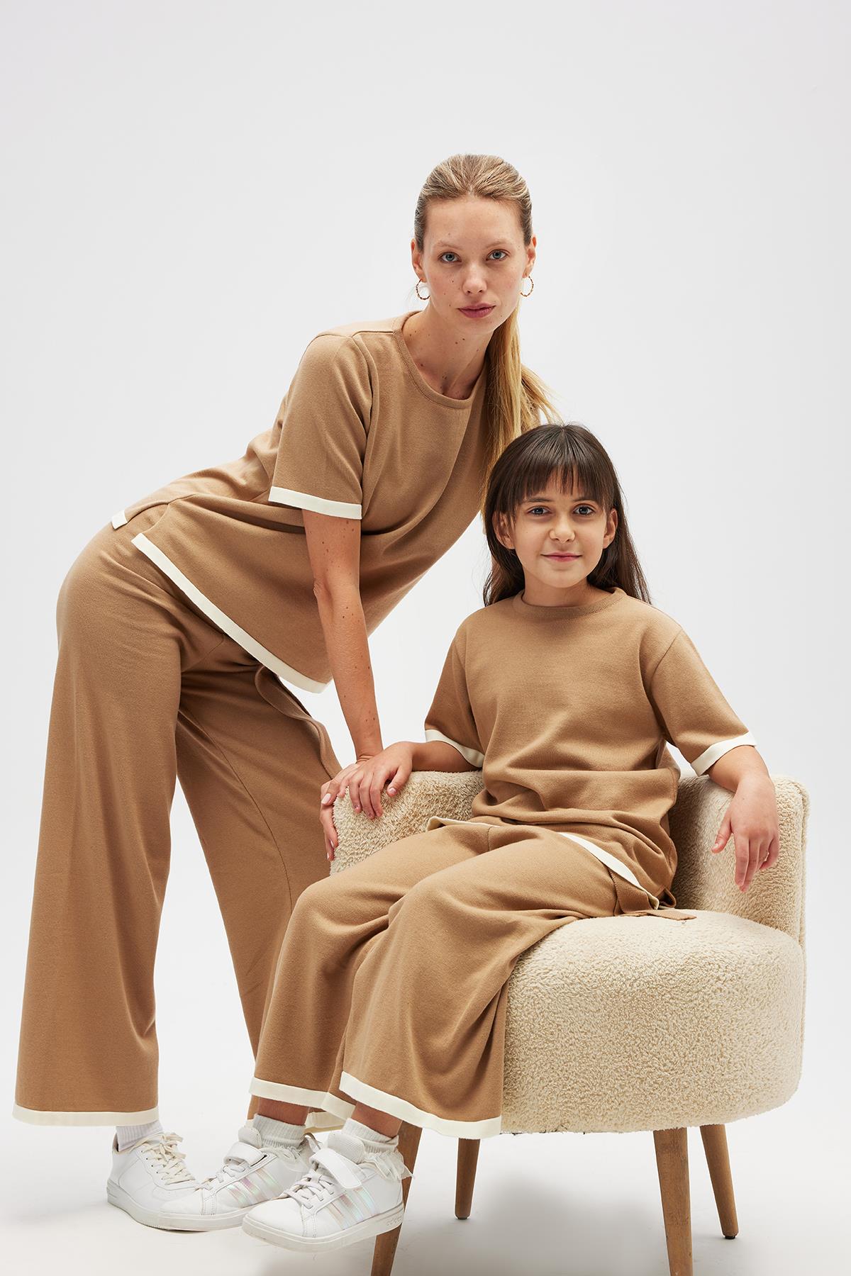 Peraluna Rumi KadınBeli Kemerli Triko Pantolon - Camel