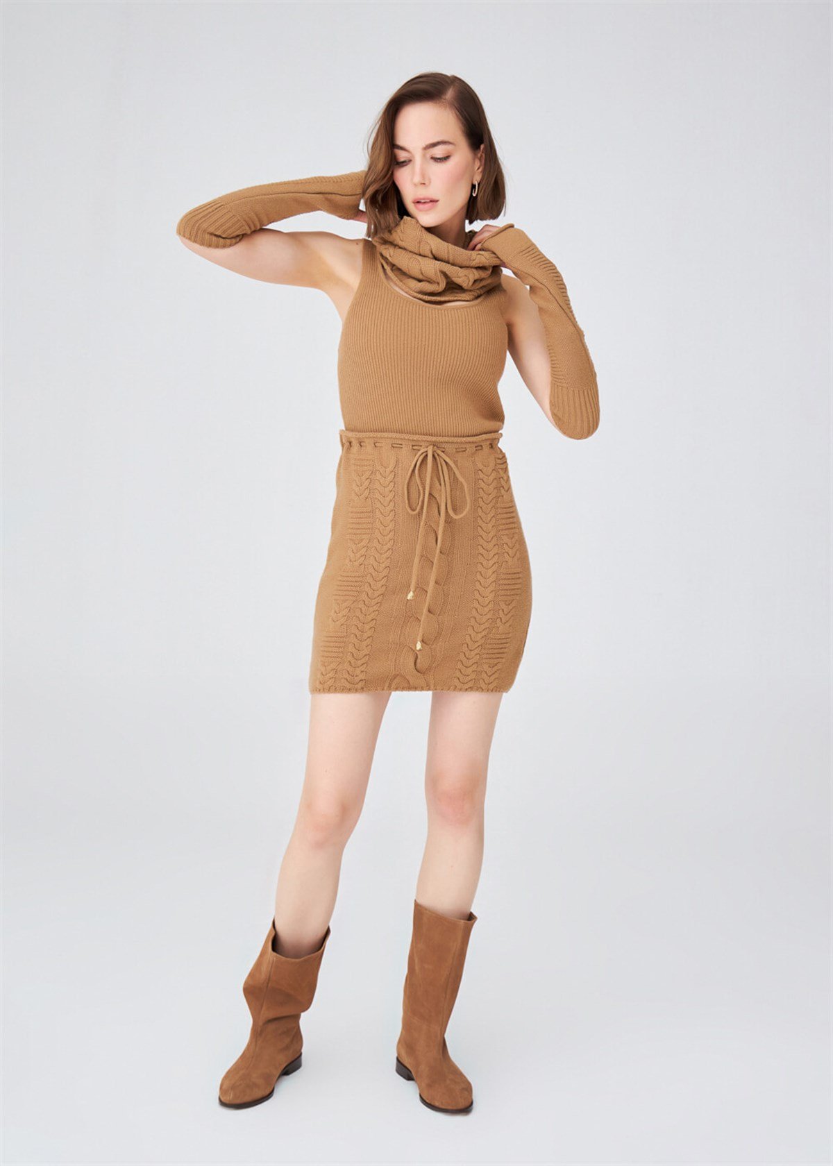 Peraluna Cable Knit Rope Mini Skirt - Camel